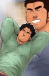  2boys :d abs_peek absurdres arms_behind_head bara black_hair brown_hair chest facial_hair goatee green_shirt highres implied_yaoi male_focus manly masateruteru multiple_boys muscle open_mouth original shirt short_hair sideburns smile thick_eyebrows upper_body 