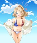  1girl ;d abimaru_gup alternate_hairstyle american_flag_bikini bikini blonde_hair blue_bikini blue_eyes blue_sky breasts cloud cloudy_sky commentary_request cowboy_shot eyebrows_visible_through_hair flag_print girls_und_panzer groin hair_intakes hair_tie hair_up heart highres kay_(girls_und_panzer) leaning_forward looking_at_viewer medium_breasts medium_hair mismatched_bikini navel one_eye_closed open_clothes open_mouth open_shirt opened_by_self outdoors ponytail shirt sky smile solo standing striped striped_bikini swimsuit thigh_gap translated twitter_username white_shirt 