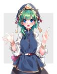  1girl asymmetrical_hair belt black_skirt blue_eyes blue_headwear blue_shirt bow bracelet commentary green_hair grey_background hands_up hat hat_bow highres index_finger_raised jewelry looking_at_viewer mappe_(778exceed) open_mouth red_bow shiki_eiki shirt short_hair_with_long_locks skirt solo touhou upper_body white_background white_bow white_shirt 