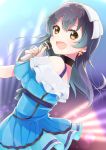  1girl bangs bare_shoulders blue_hair blush choker earrings from_behind hair_ribbon highres holding holding_microphone jewelry kira-kira_sensation! long_hair looking_at_viewer love_live! love_live!_school_idol_project microphone music open_mouth ribbon singing smile solo sonoda_umi yellow_eyes 