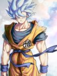  1boy arms_at_sides blue_eyes blue_hair bracer closed_mouth cloud cloudy_sky dragon_ball dragon_ball_super highres lens_flare looking_at_viewer male_focus mattari_illust muscle sky smile solo son_gokuu spiked_hair standing super_saiyan super_saiyan_blue 