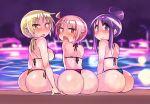  3girls ahoge bikini blonde_hair blue_bikini blue_eyes blue_hair blush breasts chiden closed_mouth covered_nipples hair_bun highres hinata_yukari ichii_yui large_breasts looking_at_viewer looking_back multiple_girls night nonohara_yuzuko open_mouth outdoors piercing pink_bikini pink_eyes pink_hair pool shiny shiny_hair shiny_skin short_hair side-tie_bikini sitting smile sweat swimsuit swimwear thong_bikini tongue tongue_out tongue_piercing yellow_bikini yellow_eyes yuyushiki 