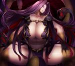  1girl bangs breasts claws cleavage commentary eyebrows_visible_through_hair fate/grand_order fate_(series) forehead glowing glowing_eyes gorgon_(fate) huge_breasts large_breasts long_hair looking_at_viewer monster_girl navel parted_bangs purple_eyes purple_hair scales sekiyu_(spartan) snake snake_hair solo very_long_hair 