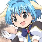  1girl animal_ears bangs blue_hair brown_eyes clothed_female_nude_male elf_k foreskin galaxy_angel gloves hair_ornament lowres male_pubic_hair mint_blancmanche nude oekaki open_mouth penis penis_awe precum short_hair simple_background smile uncensored white_background yellow_eyes 