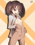  1girl 2017 :d breasts brown_hair commentary_request dated derivative_work eyebrows_visible_through_hair fang highres itetsuku_suika kantai_collection long_sleeves magatama_necklace naked_shirt navel nipples number open_clothes open_mouth open_shirt orange_background ryuujou_(kantai_collection) shirt silhouette skin_fang small_breasts smile solo twintails white_shirt 