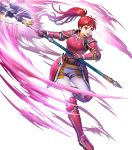  1girl armor armored_boots asatani_tomoyo axe bangs battle_axe belt boots breastplate elbow_pads fire_emblem fire_emblem:_path_of_radiance fire_emblem_heroes gauntlets hand_up high_ponytail highres holding holding_weapon jill_(fire_emblem) leg_up long_hair long_sleeves looking_away official_art open_mouth pants polearm ponytail red_armor red_eyes red_hair shiny shiny_hair shoulder_armor solo tied_hair transparent_background weapon white_pants 