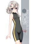  1girl artist_name asymmetrical_hair bangs black_wetsuit character_name commentary_request cowboy_shot flat_chest flipped_hair highres inaba_shiki kantai_collection nowaki_(kantai_collection) silver_eyes silver_hair simple_background sleeveless smile solo standing swept_bangs wetsuit white_background 