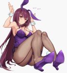  1girl animal_ears bangs blush breasts bunny_ears bunny_pose bunnysuit closed_mouth detached_collar fate/grand_order fate_(series) fishnet_legwear fishnets hair_between_eyes hands_up haoni high_heels highleg highleg_leotard highres large_breasts legs leotard long_hair looking_at_viewer purple_footwear purple_hair purple_leotard red_eyes scathach_(fate)_(all) scathach_(fate/grand_order) simple_background translation_request white_background 