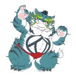  1:1 2020 anthro belly blue_body blue_fur bulge clothing cute_fangs felid fur hi_res kemono male mammal mofumofuninja overweight overweight_anthro overweight_male pantherine raiden_shin&#039;emon sengoku_puzzle simple_background solo tiger underwear video_games white_background white_body white_fur 