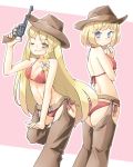  2girls ;) alice_margatroid alternate_costume arm_under_breasts arm_up arnest ass back bangs bare_arms bare_shoulders belt bikini blonde_hair blue_eyes blush bow braid breasts bright_pupils brown_headwear chaps cleavage closed_mouth collarbone commentary_request cowboy_hat eyebrows_visible_through_hair gun hair_bow handgun hat holding holding_gun holding_weapon kirisame_marisa leg_up long_hair looking_back medium_breasts multiple_girls one_eye_closed outline pink_background pistol red_bikini red_ribbon ribbon side-tie_bikini side_braid sideboob smile standing standing_on_one_leg straight_hair swimsuit touhou trigger_discipline two-tone_background very_long_hair weapon white_bow white_outline yellow_eyes 