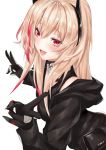  black_gloves black_jacket black_scarf black_tank_top blonde_hair coffeedog commentary_request eyebrows eyebrows_visible_through_hair fang girls_frontline gloves hair_over_shoulder happy head_tilt headgear highres jacket long_hair m4_sopmod_ii_(girls_frontline) multicolored_hair open_mouth pouch red_eyes red_hair scarf shiny shiny_hair sidelocks simple_background smile tank_top v white_background 