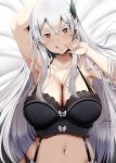  1girl arm_up armpits artist_name astraea_(atelierastraea) black_bra blush bow bow_bra bra breasts butterfly_hair_ornament cleavage echidna_(re:zero) hair_between_eyes hair_ornament heart heart-shaped_pupils highres large_breasts lingerie long_hair looking_at_viewer midriff navel pixiv_id re:zero_kara_hajimeru_isekai_seikatsu red_eyes signature silver_hair smile symbol-shaped_pupils tongue tongue_out underwear upper_body very_long_hair 