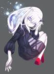  1girl albino bags_under_eyes bbci black_dress black_nails commentary_request dress eyebrows_visible_through_hair fate/grand_order fate_(series) grey_background horns lavinia_whateley_(fate/grand_order) long_hair long_sleeves purple_eyes ribbed_dress single_horn solo white_hair white_skin wide-eyed 