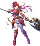  1girl armor armored_boots asatani_tomoyo axe bangs battle_axe belt boots breastplate broken broken_armor broken_weapon elbow_pads fire_emblem fire_emblem:_path_of_radiance fire_emblem_heroes gauntlets hand_up high_ponytail highres holding holding_weapon jill_(fire_emblem) long_hair long_sleeves looking_away official_art one_eye_closed pants parted_lips ponytail red_eyes red_hair shiny shiny_hair shoulder_armor solo tied_hair torn_clothes transparent_background weapon white_pants 