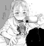  1boy 1girl bangs bar_censor blush bow bowtie cellphone censored clothed_female_nude_male collared_shirt copyright_request eyebrows_visible_through_hair fellatio greyscale hetero highres large_penis male_pubic_hair masuda_(yousaytwosin) monochrome nude oral penis phone pubic_hair shirt smartphone solo_focus taking_picture translation_request 