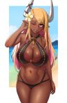  1girl bangs beach belly bikini black_bikini blonde_hair blush breasts cleavage colored_inner_hair cowboy_shot cross dark_skin draph earrings eyebrows_visible_through_hair flower granblue_fantasy hair_flower hair_ornament hair_tucking highres horn_ornament horn_ribbon horns jewelry kuvira_(granblue_fantasy) large_breasts layered_bikini long_hair looking_at_viewer multi-strapped_bikini multicolored_hair navel o-ring o-ring_bikini o-ring_top one_eye_closed outside_border parted_lips pink_bikini pink_hair pointy_ears ribbon roresu seductive_smile smile solo swept_bangs swimsuit twitter_username two-tone_hair yellow_eyes 