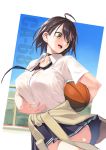  1girl ahoge arm_behind_back arm_under_breasts azur_lane ball baltimore_(after-school_ace)_(azur_lane) baltimore_(azur_lane) bangs basketball beige_cardigan beige_sweater black_choker black_neckwear black_skirt blue_sky border braid breasts brown_hair cardigan cardigan_around_waist choker cleavage clothes_around_waist collared_shirt commentary_request dress_shirt eyebrows_visible_through_hair gen_(black_factory) hair_between_eyes highres holding holding_ball large_breasts loose_necktie miniskirt necktie open_mouth pleated_skirt school_uniform shirt short_hair short_sleeves side_braid skirt sky sweat sweater sweater_around_waist thighs tied_sweater unbuttoned white_border white_shirt yellow_eyes 