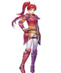  1girl armor armored_boots asatani_tomoyo bangs belt boots breastplate elbow_pads fire_emblem fire_emblem:_path_of_radiance fire_emblem_heroes gauntlets hand_on_hip hand_up high_ponytail highres jill_(fire_emblem) long_hair long_sleeves looking_at_viewer official_art open_mouth pants ponytail red_armor red_eyes red_hair shiny shiny_hair shoulder_armor smile solo standing tied_hair transparent_background turtleneck white_pants 