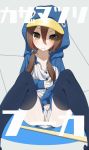  1girl black_legwear blush brown_eyes brown_hair character_name closed_mouth collarbone disgaea feet_out_of_frame flat_chest grey_background hood hood_up kazamatsuri_fuuka long_hair looking_at_viewer low_twintails makai_senki_disgaea_4 ratsuku_kinoko simple_background sitting solo thighhighs thighs twintails very_long_hair zettai_ryouiki 