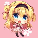  1girl :d bangs big_head black_footwear black_hairband black_legwear blonde_hair blue_eyes blush chibi chitose_sana commentary_request double_bun eyebrows_visible_through_hair full_body hair_between_eyes hair_intakes hairband heart heart_hands long_sleeves pink_background pleated_skirt school_uniform shirt shoes skirt smile solo suzunone_rena tenshinranman thighhighs two_side_up white_neckwear white_shirt white_skirt 