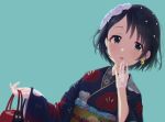  amaya_kiku black_eyes black_hair blue blush gloves idolmaster idolmaster_cinderella_girls japanese_clothes kimono sasaki_chie short_hair third-party_edit 