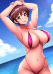  1girl armpits arms_up bangs bare_shoulders blue_sky blush breasts brown_eyes brown_hair cleavage collarbone highres idolmaster idolmaster_cinderella_girls large_breasts licking_lips looking_at_viewer navel ocean oikawa_shizuku purple_swimsuit short_hair sky slingshot_swimsuit smile swimsuit tongue tongue_out umasan wet 