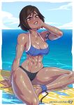  1girl abs armband artist_name avatar_(series) bare_shoulders bikini blue_eyes blush breasts brown_hair choker cleavage collarbone dark_skin day floating hair_between_eyes jewelry kajin_(kajinman) korra large_breasts lips muscle muscular_female navel necklace patreon_username short_hair sitting sky sleeveless solo surfboard swimsuit teeth the_legend_of_korra water watermark 