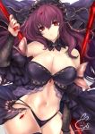  1girl armor babydoll bangs bare_shoulders breasts circlet cleavage fate/grand_order fate_(series) gae_bolg gem hair_between_eyes large_breasts long_hair looking_at_viewer navel panties pauldrons polearm purple_hair purple_panties red_eyes scathach_(fate)_(all) scathach_(fate/grand_order) shirousa_(shirousapy) shoulder_armor spear underwear veil weapon 