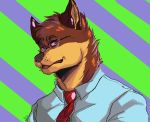  anthro bust_portrait canid canine clothed clothing dress_shirt eyewear fox fully_clothed glasses hi_res male mammal multicolored_body necktie portrait shirt skelesass solo topwear 