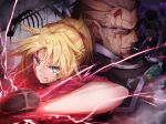  1boy 1girl bangs blonde_hair blood braid brown_hair cigarette facial_hair fate/apocrypha fate/grand_order fate_(series) goatee green_eyes gun hair_ornament hair_scrunchie jacket lightning looking_at_viewer mordred_(fate) mordred_(fate)_(all) open_mouth ponytail pot-palm red_scrunchie scar scrunchie shell_casing shishigou_kairi skeletal_arm skull smile sunglasses weapon 