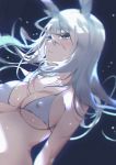 1girl animal_ears arknights bangs bare_shoulders bikini breasts bunny_ears commentary_request eyebrows_visible_through_hair frostnova_(arknights) grey_bikini grey_eyes hair_between_eyes highres long_hair medium_breasts parted_lips silver_hair solo stomach swimsuit upper_body xion32 