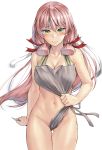  1girl akashi_(kantai_collection) apron bare_shoulders blush breasts cleavage collarbone cowboy_shot green_eyes groin hair_ribbon headband highres kantai_collection kokuzou large_breasts long_hair looking_at_viewer naked_apron navel pink_hair ribbon simple_background smile solo standing stomach thighs 