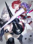  1boy 3girls angry animal_ears armor battle bertolucci_(pixiv_fantasia) blue_eyes blurry blurry_foreground borrowed_character breasts bunny_ears clash copyright_name depth_of_field duel fairy fairy_wings frown fur grey_hair holding holding_weapon huge_breasts impossible_clothes licorice_(pixiv_fantasia) minigirl multiple_girls nishihara_isao open_mouth pale_skin panties pixiv_fantasia pixiv_fantasia_sword_regalia pointy_ears r-riru_(pixiv_fantasia) red_hair seal shandy_(pixiv_fantasia) short_hair shouting string_panties thighhighs thighs underwear weapon wings 