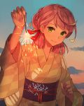  1girl akashi_(kantai_collection) braid checkered checkered_kimono cloud commentary day fireworks gradient_sky green_eyes green_kimono hair_ribbon japanese_clothes kantai_collection kasumi_(skchkko) kimono leaning_forward long_hair looking_at_viewer official_alternate_costume outdoors pink_hair ribbon sky solo sparkler sunset tied_hair tress_ribbon upper_body yukata 