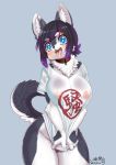  anthro big_breasts blush breasts canid canine canis clothed clothing domestic_dog female fur genitals hair hi_res kemono looking_at_viewer mammal open_mouth pussy shirt smile solo text text_on_clothing text_on_shirt text_on_topwear tongue topwear wolflong 