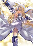  1girl absurdres arm_up armor bangs blonde_hair blue_eyes breasts chain collar dress elbow_gloves fate/apocrypha fate_(series) faulds flag gauntlets gloves headpiece highres huge_filesize jeanne_d&#039;arc_(fate) jeanne_d&#039;arc_(fate)_(all) jikatarou large_breasts long_hair metal_collar open_mouth plackart thighhighs thighs very_long_hair white_dress 