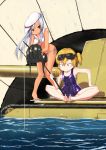  2girls bikini blonde_hair breasts brick bridge caterpillar_tracks day fishing ground_vehicle hat highres long_hair military military_vehicle motor_vehicle multiple_girls open_mouth original red_eyes school_swimsuit short_hair side_ponytail slippers swimsuit tan tank tank_helmet water white_hair yellow_eyes zafuri_(yzrnegy) 