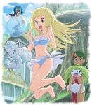  3girls absurdres alolan_form alolan_vulpix bangs barefoot blonde_hair blue_eyes blue_hair blue_swimsuit breasts bubble closed_mouth cloud collarbone commentary_request day eyelashes floating_hair gen_7_pokemon goggles goggles_on_head green_eyes green_hair hands_up highres holding holding_pokemon jumping lana_(pokemon) lillie_(pokemon) long_hair mallow_(pokemon) multiple_girls no_sclera one-piece_swimsuit outdoors pokemoa pokemon pokemon_(anime) pokemon_(creature) pokemon_sm_(anime) popplio short_hair sky smile steenee swimsuit toes 