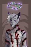  absurd_res anthro arthropod blood bodily_fluids canid canine canis centipede flower gore grey_body halo hi_res kolkolukija male mammal myriapod plant purple_eyes solo wolf wreath 