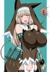  1girl animal_ears bangs bare_shoulders blush bombergirl breasts brown_hair dress eyebrows_visible_through_hair fake_animal_ears green_eyes highres huge_breasts impossible_clothes komusou_(jinrikisha) large_breasts long_hair looking_at_viewer nun open_mouth ribbed_sweater sepia_belmont simple_background smile solo sweater thighhighs very_long_hair 
