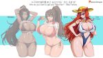  3girls ass bikini breasts choker drogod huge_ass huge_breasts league_of_legends long_hair looking_at_viewer miss_fortune multiple_girls nidalee pizza_slice sarah_fortune sivir smile swimsuit thick_thighs thighs very_long_hair wide_hips 