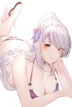  1girl amagimei ass azur_lane bangs bikini blush breasts butterfly_hair_ornament choker cleavage collarbone crossed_ankles dunkerque_(azur_lane) dunkerque_(summer_sucre)_(azur_lane) grey_hair hair_ornament hairband highres large_breasts long_hair looking_at_viewer lying navel on_stomach ponytail purple_bikini red_eyes sidelocks solo swimsuit thighs 