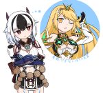  2girls annoyed blonde_hair breasts crossette_(xenoblade) horns large_breasts multicolored_hair multiple_girls mythra_(xenoblade) paskmel thought_bubble white_background xenoblade_chronicles_(series) xenoblade_chronicles_2 yellow_eyes 