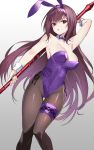 animal_ears bunny_ears bunny_girl fate/grand_order fishnets garter no_bra pantyhose scathach_(fate/grand_order) weapon yuuuuu 