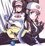  2girls bare_shoulders baseball_cap black_gloves black_legwear black_vest blue_eyes blue_sleeves breasts brown_hair closed_mouth collarbone commentary_request curly_hair double_bun dragonair gen_1_pokemon gloves great_ball hand_up hat high_ponytail hilda_(pokemon) holding holding_poke_ball legwear_under_shorts long_hair looking_at_viewer medium_breasts multiple_girls pantyhose poke_ball poke_ball_(basic) poke_ball_print pokemon pokemon_(creature) pokemon_(game) pokemon_bw pokemon_bw2 ponytail print_shirt raglan_sleeves rosa_(pokemon) shirt shorts sidelocks simple_background sitting sleeveless sleeveless_shirt smile thighs twintails vest visor_cap white_background white_shirt yellow_shorts yuya 