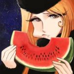  1girl black_headwear blonde_hair brown_eyes close-up commentary eating food fruit full_mouth ginga_tetsudou_999 hat lafolie looking_at_viewer maetel matsumoto_leiji_(style) parody watermelon 