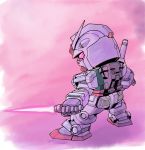 beam_saber chibi from_behind gundam holding holding_sword holding_weapon looking_down mecha mobile_suit_gundam moukin_punch no_humans pink_eyes rx-78-2 solo sword v-fin weapon 