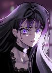  1girl absurdres bands black_choker black_hair blurry blurry_background choker gem highres ing5 long_hair looking_at_viewer medea_solon mole mole_under_eye parted_lips portrait purple_eyes solo your_throne 