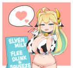  1girl :p animal_ears animal_print bell bikini blonde_hair breasts cow_bell cow_ears cow_girl cow_print ear_tag elbow_gloves elf elven_forest_maker english_text engrish_text fellatio_gesture flower-shaped_pupils gloves heart highres huge_breasts kulettula last_origin long_hair looking_at_viewer navel nipples pointy_ears ranguage see-through solo spoken_heart swimsuit tongue tongue_out typo 