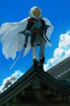  1boy absurdres aqua_eyes armor blonde_hair blue_sky cloak cloud hataya highres japanese_armor katana kote male_focus necktie on_roof rooftop sheath shoulder_armor sky sode sword touken_ranbu weapon yamanbagiri_kunihiro 